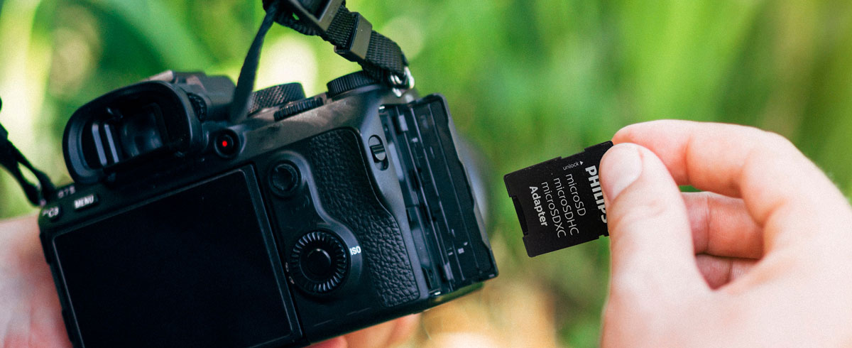 Bir eliyle kamerayı, diğer eliyle bellek kartını tutan ve anı yakalamaya hazır olan bir kişi