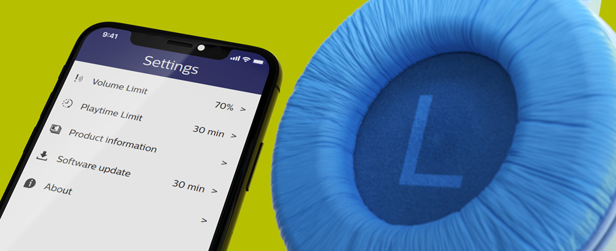 Ses sınırı ve oynatma s&uuml;resi sınırı i&ccedil;in kullanılan Philips Kulaklık Uygulamasını g&ouml;steren resim